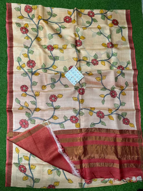 Pure Handloom Tussar Silk Hand Painted Pen Kalmakari Saree